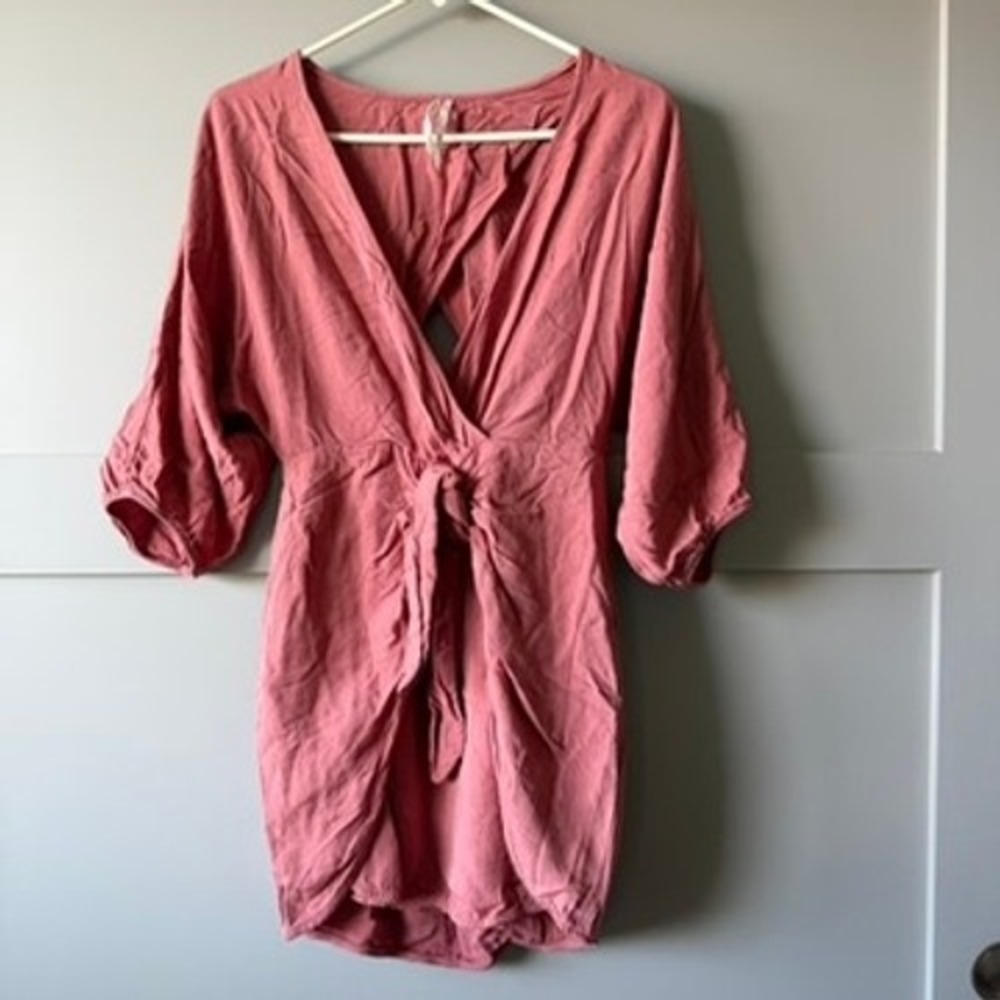 Anthropologie‎ Mini Dress Womens Small Pink Open Back Tie Front Wrap Puff Sleeve